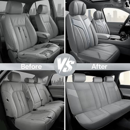 CAR PASS Nappa Leather Seat Covers, Breathable Waterproof Car Seat Covers Full Set, Luxury Leather Front and Back Seats Full Coverage, Universal Fit SUV Pick-up Truck Sedan Automotive(Gray) - color: Gray, size: Full Set Full Coverage