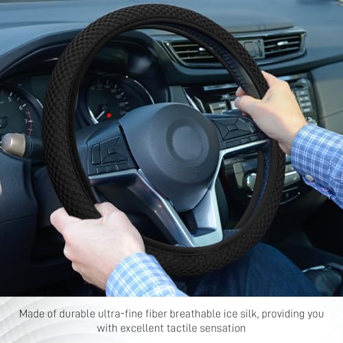 Elastic Stretch Steering Wheel Cover, Steering Wheel Protector, 15 Inch Anti-Slip Breathable Microfiber Ice Silk Protection, Easy Carry, Warm in Winter & Cool in Summer for Cars (Black) - color: Black