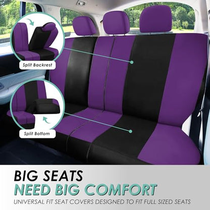 FH Group Light & Breezy Cloth Full Set Car Seat Covers (Purple/Black) Combo Set: Steering Wheel Cover, Seat Belt Pads and Black Vinyl Floor Mats – Universal Fit for Cars Trucks & SUVs