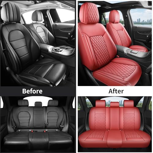 Burgundy Leather Seat Covers for SUV Full Set,Contoured Universal Precision Fit Heavy-Duty Nappa Leather Automotive Seat Covers for Cars,Style1 Wine Red - color: Red Full Coverage