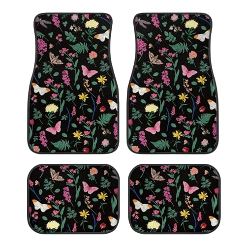 Butterfly Floral Leaf Car Floor Mats Front & Rear Full Set with Non Slip Rubber Backing, All Weather Protection Set of 4 Car Essentials - color: Butterfly Floral Leaf