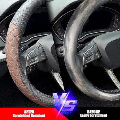 Nappa Leather Steering Wheel Cover,Elegant Diamond Checkered Design, Non-Slip wear-Resistant, Enhance Driving Comfort, Suitable for Steering Wheel Diameter 14 1/2‘-15’ Models.Black Brown - color: Black Brown