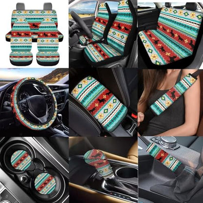 Dreaweet Aztec Tribal Horse Car Seat Covers Full Set 12 Pcs,Universal Car Seat Cover with Steering Wheel Cover,Seat Belt Pads,Armrest Cover,Cup Holder Coasters,Handbrake Cover,Gear Shift Knob Cover - color: Aztec Tribal Horse