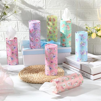 Outus 12 Pcs Spring Floral Car Tissues Cylinder Holder Flowers Round Tissue Box Cup Holder 3 Ply Facial Napkins Napkins Container for Car Home Office Dispenser Travel - style: Rose