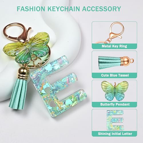 JINGUAZI Initial letter Keychains for Women Tassel Butterfly Pink Purple Cute Car Keychain for Wallet Backpack bag charm - color: E-green