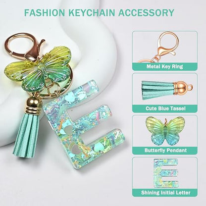 JINGUAZI Initial letter Keychains for Women Tassel Butterfly Pink Purple Cute Car Keychain for Wallet Backpack bag charm - color: E-green