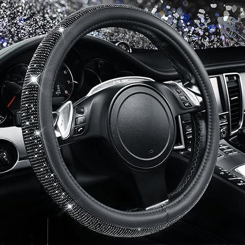 CAR PASS Bling Diamond Leather Steering Wheel Cover, With Sparkly Crystal Glitter Rhinestones Universal Fit 14"1/2-15" Car Wheel Protector for Women Girl Fit Suvs,Vans,Sedans,Car,Trucks, Black Diamond - color: Black Diamond on Velvet