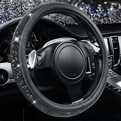 CAR PASS Bling Diamond Leather Steering Wheel Cover, With Sparkly Crystal Glitter Rhinestones Universal Fit 14"1/2-15" Car Wheel Protector for Women Girl Fit Suvs,Vans,Sedans,Car,Trucks, Black Diamond - color: Black Diamond on Velvet