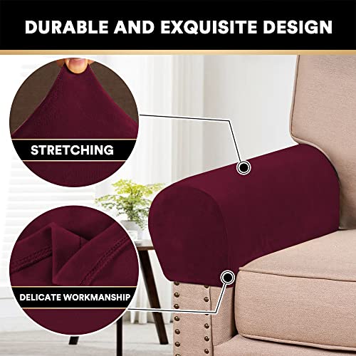 2 Pack Thick Velvet Stretch Armrest Covers for Chairs and Sofas - Non Slip Armchair Protectors, Burgundy - color: Burgundy