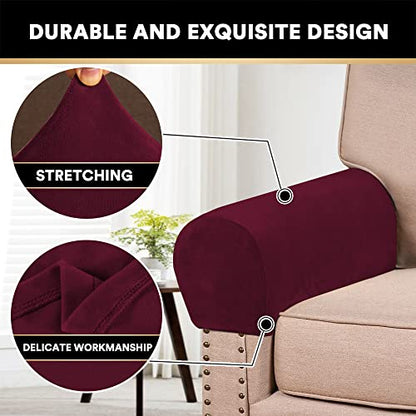 2 Pack Thick Velvet Stretch Armrest Covers for Chairs and Sofas - Non Slip Armchair Protectors, Burgundy - color: Burgundy