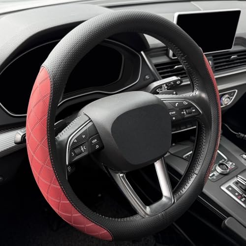 LKWLIKEI Nappa Leather Steering Wheel Cover,Elegant Diamond Checkered Design, Non-Slip wear-Resistant, Enhance Driving Comfort, Suitable for Steering Wheel Diameter 14 1/2‘-15’ Models - color: Black and burgundy