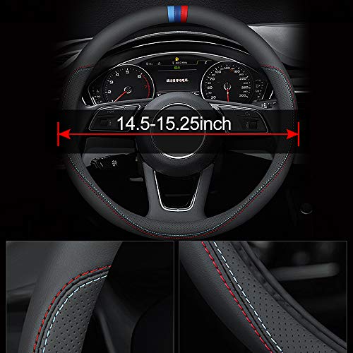 Carodi Latest Nappa Leather car Steering Wheel Cover, Stylish Non-Slip Leather car Interior 15 inches Universal Black(red and Blue Signs) - color: Black(red and Blue Signs)