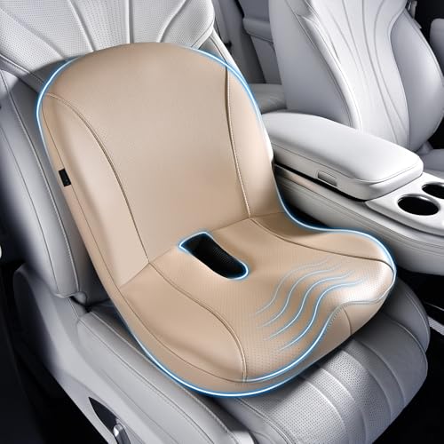 Coverado Car Seat Cushion and Lumbar Support Pillow One Piece, Napa Leather Memory Foam Ergonomic Back Support Driving Seat Cushion for Back Pain, Non-Slip Washable Cushion for Car, Driver, Office - color: Beige, size: Seat Cushion