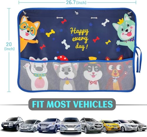 2 Pack Car Window Shade for Baby, Blackout Car Sun Shades with Storage Pockets, 7 Suction Cups, Blue, Cute Patterns for Sun/Heat/UV Rays Protection, Standard Passenger Cars - color: Blue-Cute Dogs 2PC