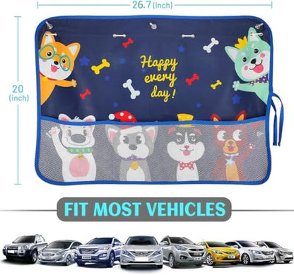 2 Pack Car Window Shade for Baby, Blackout Car Sun Shades with Storage Pockets, 7 Suction Cups, Blue, Cute Patterns for Sun/Heat/UV Rays Protection, Standard Passenger Cars - color: Blue-Cute Dogs 2PC