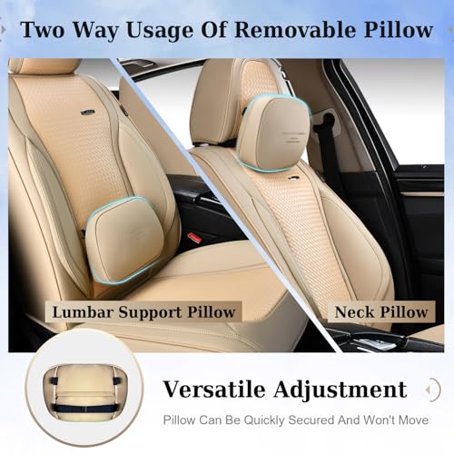 Coverado Seat Covers, Car Seat Covers Front Seats, Waterproof Nappa Leather Auto Seat Cover with Lumbar Head Pillow, Beige Seat Covers Carseat Cover Universal Fit for Most Cars - color: Beige（Pillow）, size: Front