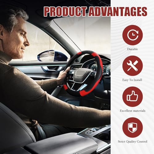 Car Steering Wheel Cover, Steering Wheel Protector, Universal 14.5-15 Inch Microfiber Leather Breathable Auto Steering Wheel Covers, Carbon Fiber Steering Wheel Cover for Women Men (Red) - color: Red