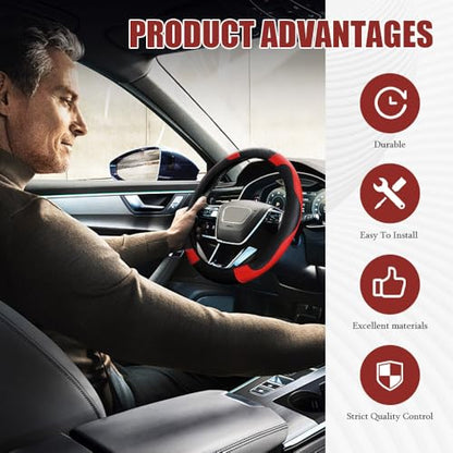 Car Steering Wheel Cover, Steering Wheel Protector, Universal 14.5-15 Inch Microfiber Leather Breathable Auto Steering Wheel Covers, Carbon Fiber Steering Wheel Cover for Women Men (Red) - color: Red