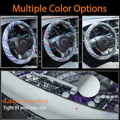 Boho Steering Wheel Cover, Bohemian Cloth Car Steering Wheel for Women Breathable Flax Ethnic Style Steering Wheel Accessories Cover Sweat-Absorbing Anti-Slip Fits 14 1/2-15 Inch - Black - color: Black