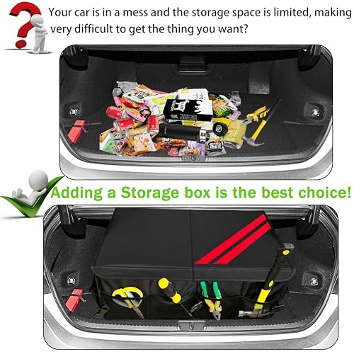 YOSRTER Car Trunk Organizer for Dodge Charger Durango Challenger Ram Collapsible Storage Box with Handle Foldable Lid Non Slip Bottom 2 Compartment Sturdy Base Panel for Dodge Accessories(Red Trim)