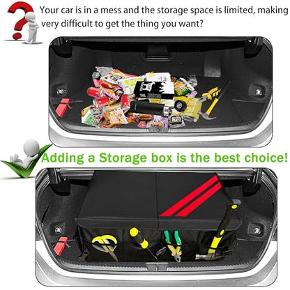 YOSRTER Car Trunk Organizer for Dodge Charger Durango Challenger Ram Collapsible Storage Box with Handle Foldable Lid Non Slip Bottom 2 Compartment Sturdy Base Panel for Dodge Accessories(Red Trim)