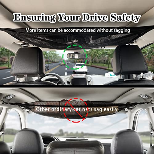 Upgraded Car Ceiling Cargo Net Pocket, NO SAGGING Roof Cargo Net Organizer, Strong Bearing Adjustable Capacity, Road Trip Accessories for Truck SUV, Car Camping Essentials