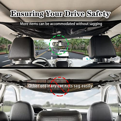 Upgraded Car Ceiling Cargo Net Pocket, NO SAGGING Roof Cargo Net Organizer, Strong Bearing Adjustable Capacity, Road Trip Accessories for Truck SUV, Car Camping Essentials