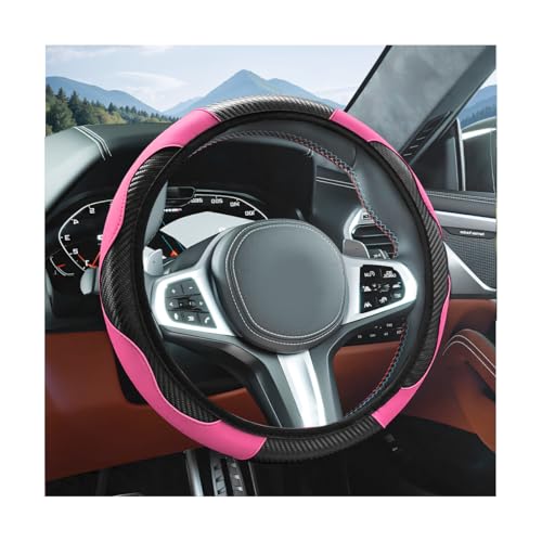 Elastic Car Steering Wheel Cover, Carbon Fiber Leather Automotive Wheel Protector, Anti-Slip Breathable Vehicle Interior Steering Accessories for Men Women, Universal Fit (Black/Pink) - color: Black/Pink
