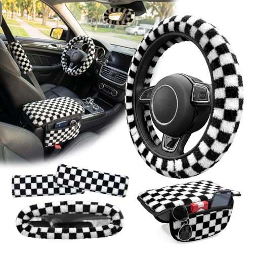 5 Pcs Fuzzy Black & Wihte Car Accessories Set, Soft Fluffy Plush Steering Wheel Cover, Center Console Armrest Pad & Rearview Mirror Cover - Interior Decorations for Women,Universal Fit (Check) - color: Check