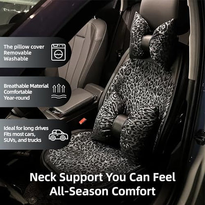 Car Headrest Pillow with Leopard Print Chic Car Interior Breathable Neck Support Cushions Fits for Most Cars (Black Pillow)