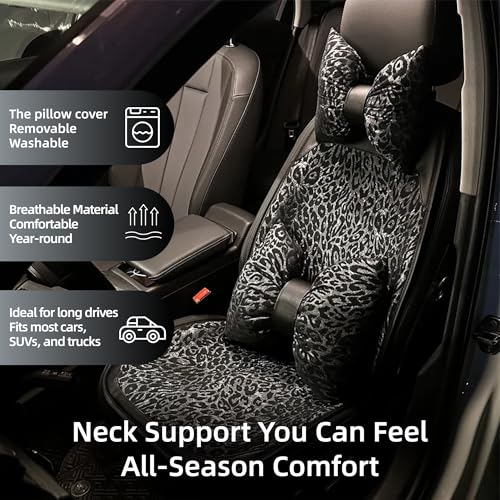 Car Headrest Pillow with Leopard Print Chic Car Interior Breathable Neck Support Cushions Fits for Most Cars (Black Pillow) - color: Black Pillow