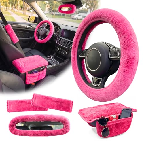 5 Pcs Fuzzy Pink Color Car Accessories Set, Soft Fluffy Plush Steering Wheel Cover, Center Console Armrest Pad & Rearview Mirror Cover - Interior Decorations for Women,Universal Fit (Pink) - color: Pink