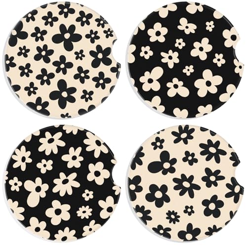 Boao 4 Pcs White Flower Car Cupholder Coasters for Valentine's Day, Ceramic Coasters 2.56'' Anti Slip Base with Finger Notch for Dry Clean, Car Interior Accessories, Birthday Gifts - style: White Flower