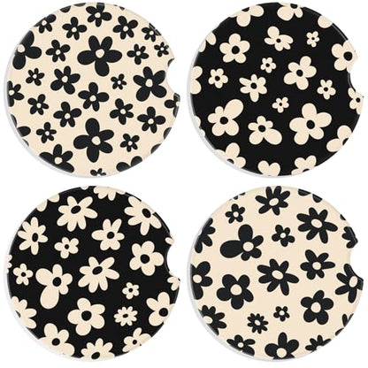 Boao 4 Pcs White Flower Car Cupholder Coasters for Valentine's Day, Ceramic Coasters 2.56'' Anti Slip Base with Finger Notch for Dry Clean, Car Interior Accessories, Birthday Gifts - style: White Flower