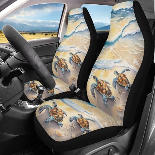 Beach Turtle Starfish Shell Print Car Seat Covers, 2 Pieces Washable Auto Seats Protectors Anti-Scratch Front Seat Cushions Car Interior Accessories Universal Fit Most Vehicles - color: Beach Turtle Starfish Shell