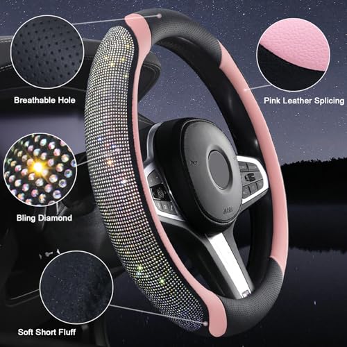 Bling Leather Steering Wheel Cover, Diamond Crystal Rhinestones Sparkly Steering Wheel Protector for Women Girls Soft Breathable Non-Slip Universal Fit 15" Car Accessories - Pink - color: Pink