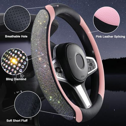 Bling Leather Steering Wheel Cover, Diamond Crystal Rhinestones Sparkly Steering Wheel Protector for Women Girls Soft Breathable Non-Slip Universal Fit 15" Car Accessories - Pink - color: Pink