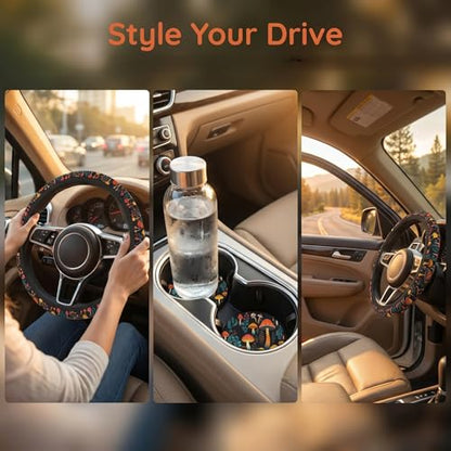 Mushroom Woodland Steering Wheel Cover Mushroom Fern Cute Steering Wheel Cover Woodland Anti-Slip Breathable Universal for 14-15 Inch Car with 2 Pieces Car Coasters for Women Men - color: Mushroom2