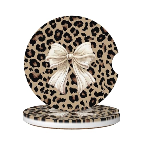 Absorbent Car Coasters for Cup Holders, 2 Pack Universal Anti Slip Ceramic Cup Coaster for Women Men 2.56 Inch Car Interior Accessories - Bow Tie Brown Leopard 007 - color: Bow Tie Brown Leopard 007