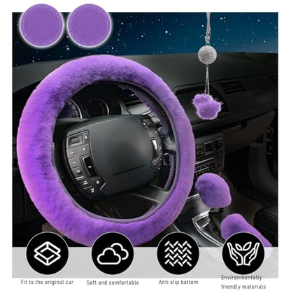 Yourkar 6 PCS Fluffy Steering Wheel Covers Set, 15 Inch Soft Steering Wheel Cover, Handbrake Cover & Gear Shift Cover & Cup Holder Coaster & Car Mirror Accessory, Car Accessories (Purple) - color: Purple