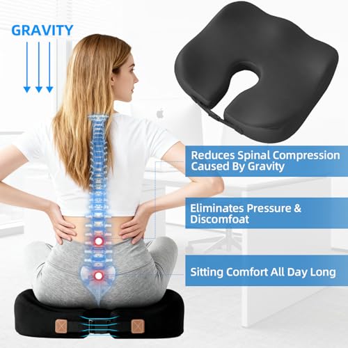 Extra-Dense Seat Cushions for Office Chairs, Orthopedic Seat Cushion for Desk Chair, Car, Wheelchair, Ergonomic Sciatica Support, Hip & Tailbone Pain Relief Cushion for Long Sitting (Black)