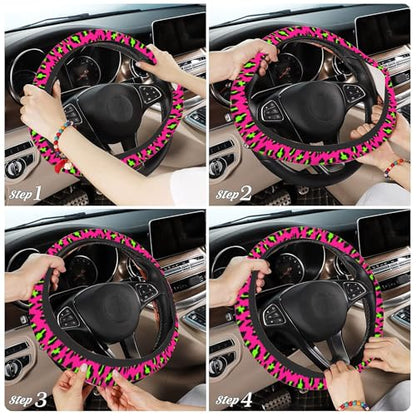 Pink Leopard Steering Wheel Cover,Pink Cheetah Leopard Universal 15" Elastic Car Steering Wheel Cover with 2 PCS Car Coasters,Anti-Slip Breathable Accessories for Auto,SUVs,Truck - color: Pink Leopard
