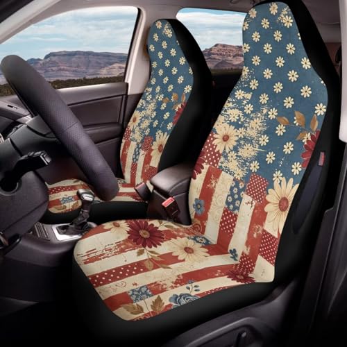American Flag Daisy Printed Car Front Seat Cover Set of 2, Waterproof Front Car Seat Cover Airbag Compatible, All Weather Protector, Universal Fits for SUV, 250th Anniversary Decor - color: Blue and Beige - American Flag Daisy