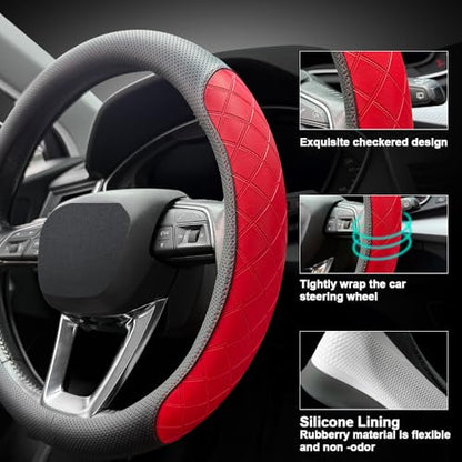 LKWLIKEI Nappa Leather Steering Wheel Cover, Elegant Diamond Checkered Design, Non-Slip wear-Resistant, Enhance Driving Comfort, Suitable for Steering Wheel Diameter 14 1/2‘-15’ Models .Black Red - color: Black Red