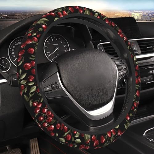 Cherry Steering Wheel Cover Cute Red Fruite Car Steering Wheel Protector Auto Wheel Cover Anti-Slip Breathable and Sweat Absorption Car Accessories, Black - color: Cherry
