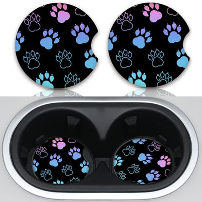 Absorbent Car Coasters for Cup Holders, 2 Pack Universal Neoprene Car Coasters with Finger Slot, Auto Accessories for Women & Men,2.56"(Gradient Black Dog paw Print)