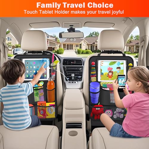 Car Backseat Organizer ，2 Pack Car Organizer Back Seat with 11" Tablet Holder, 10 Storage Pockets Seat Back Protectors Kick Mats for Kids Toddlers, Travel Accessories (Black)