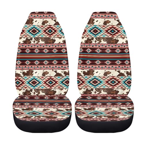 Dreaweet Aztec Car Seat Covers Brown Cow Print Car Accessories Seat Protector Front Seats Only 2 Pcs Southwestern Native Ameircan Tribal Pattern Universal Seat Covers for SUV Trucks Cars - color: Aztec Brown Cow