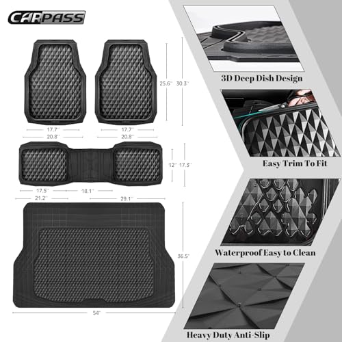 CAR PASS Heavy Duty Rubber Black Car Floor Mats & Cargo Liners, Deep Dish All-Weather Trunk Mats Durable Anti-Slip 3D Rhombus Waterproof Trim to Fit Liner Universal Fit Auto,Sedan,SUV,Truck, Black - color: black with cargo liner