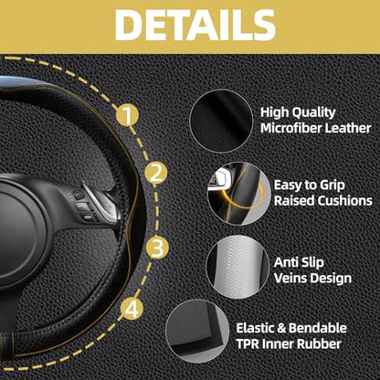 NBTEPEM 6 PCS Car Steering Wheel Cover Set, Microfiber Leather Steering Wheel Covers Universal 14.5-15 inch, Center Console Cover, Seat Belt Cushion, Cup Holder Coaster, Car Accessories Set Beige - color: Black with beige, size: Steering Wheel Cover Set